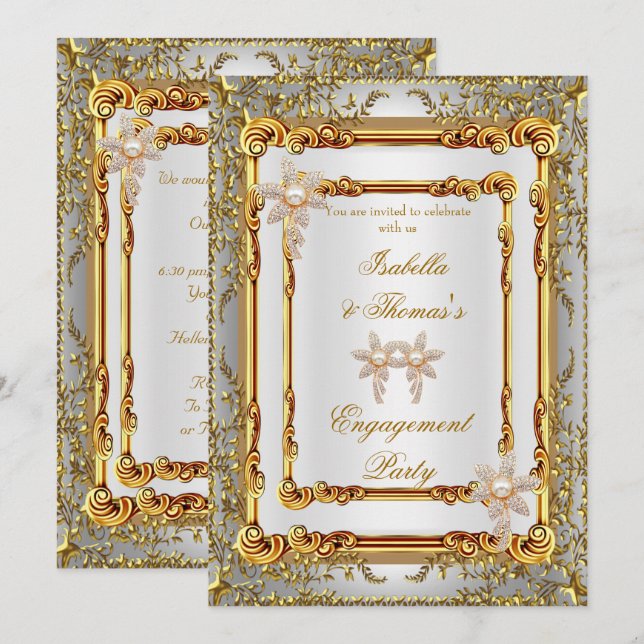 Convites Festa de Noivado Dourado Branco Damask Flores (Frente/Verso)