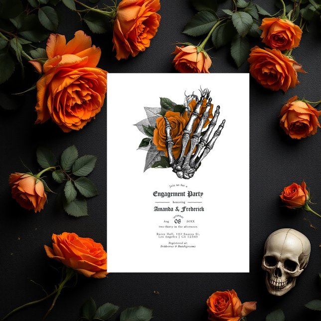 Convites Festa de noivado e Mão do Esqueleto Gótico (Gothic Skeleton Hand and Rose Engagement Party Invitation)