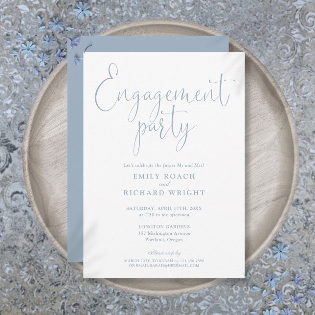 Convites Festa de noivado Elegante Azul Dusty (Dusty Blue Elegant Script Engagement Party Invitation)