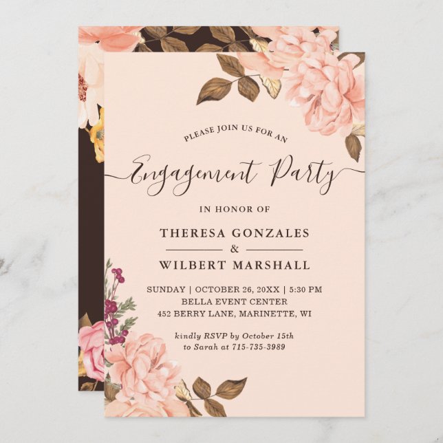 Convites Festa de noivado Elegante Blush Dourado Chic Flora (Frente/Verso)