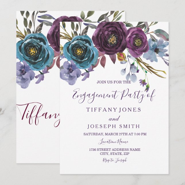 Convites Festa de noivado Elegante de Aquarela Floral Roxa (Frente/Verso)