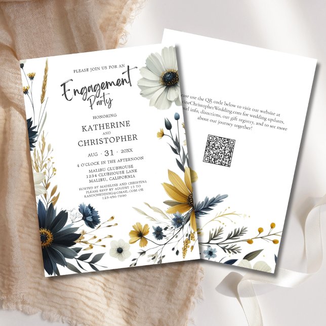 Convites Festa de noivado Elegante de Flores Selvagens (Watercolor Wildflowers Engagement Party Invitation with Blue & Yellow Wildflowers, modern typography)