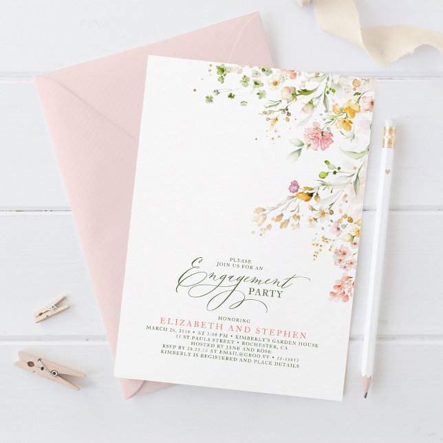 Convites Festa de noivado Elegante de Verão de Prados Selva (Wildflowers Engagement Party Invitations)