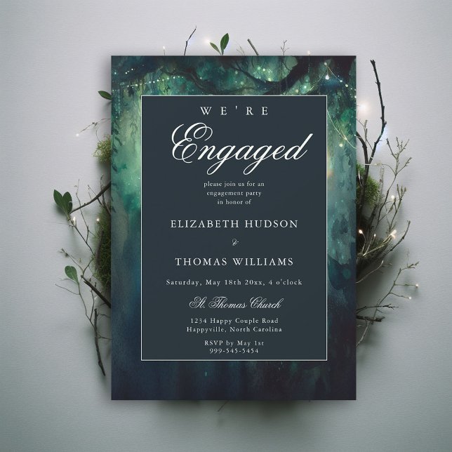 Convites Festa de noivado Elegante Encantada de Esmeraldas (enchanted forest were engaged engagement party invitation emerald classic elegant modern garden)