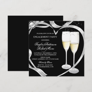 Convites Festa de Noivado Elegante Preta Prata e Dourada