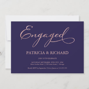 Convites Festa de Noivado em Azul Marinho e Dourado Rosa co