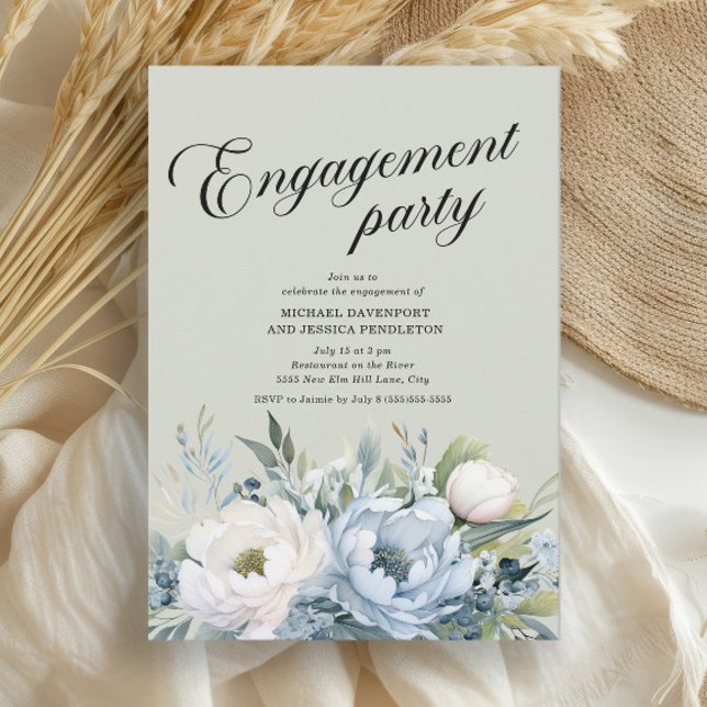Convites Festa de Noivado em Azul Poeirento e Verde Salvia (Dusty blue and white watercolor floral engagement party invitation)