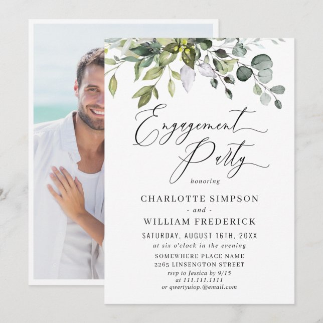 Convites Festa de noivado Eucalyptus Greenery (Frente/Verso)