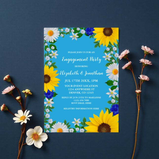 Convites Festa de noivado Floral Azul do Céu de Verão (Criador carregado)