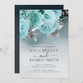 Convites Festa de noivado Floral Azul Dusty