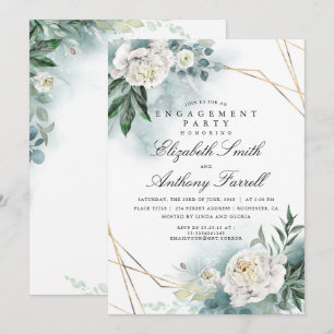 Convites Festa de noivado Floral Branco com Quadro Dourado 