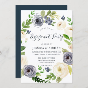 Convites Festa de noivado Floral Branco e Marinho