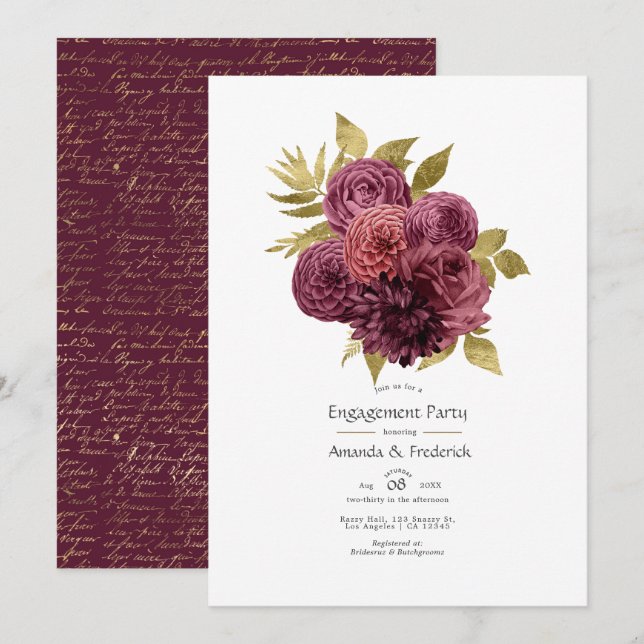Convites Festa de Noivado Floral Burgundy e Dourado (Frente/Verso)