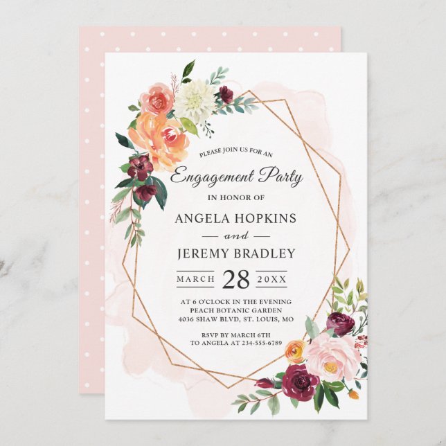 Convites Festa de noivado Floral de Blush de Frame de Diama (Frente/Verso)