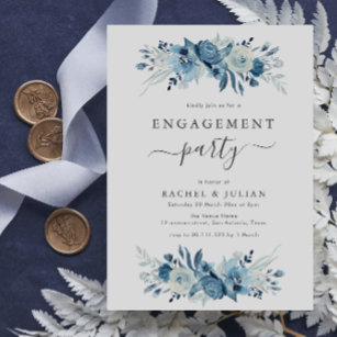 Convites Festa de noivado floral de cor azul Elegante