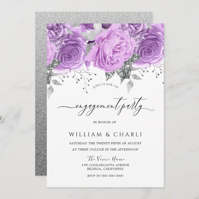 Convites Festa de noivado Floral de Prata Roxa lavanda (Frente/Verso)
