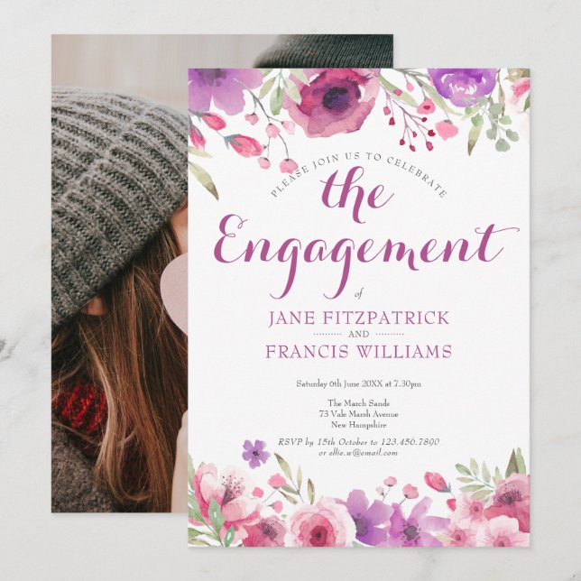 Convites Festa de Noivado Floral de Rosa em Aquarela (Frente/Verso)