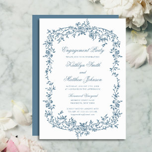 Convites Festa de noivado Floral de Script Dusty Blue Vinta