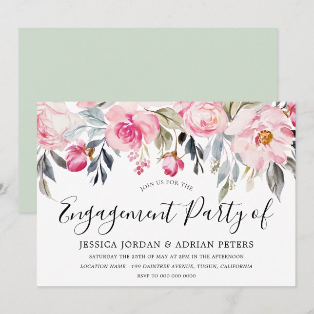 Convites Festa de noivado Floral Elegante Blush & Greenery (Frente/Verso)