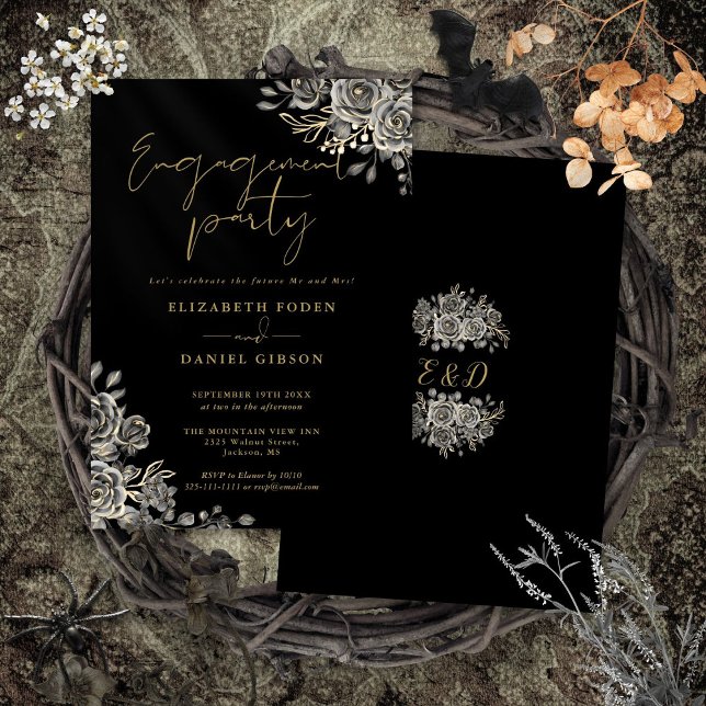 Convites Festa de Noivado Floral Gótico Preto e Dourado (Gothic Floral Black And Gold Engagement Party Invitation)