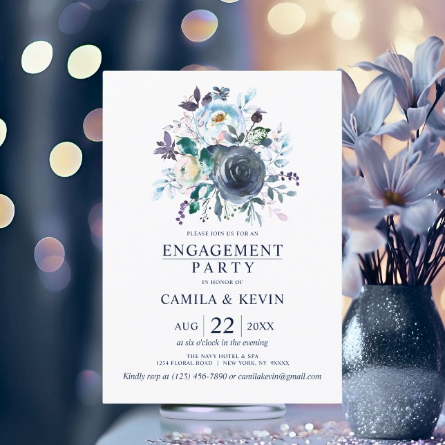 Convites Festa de noivado Floral Marinho Azul (Watercolor Blue Navy Floral Engagement Party Invitation)