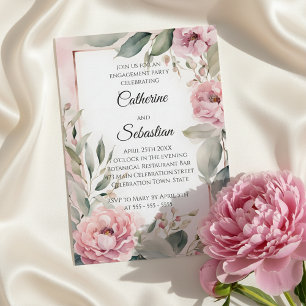Convites Festa de Noivado Floral Peônia Rosa em Aquarela