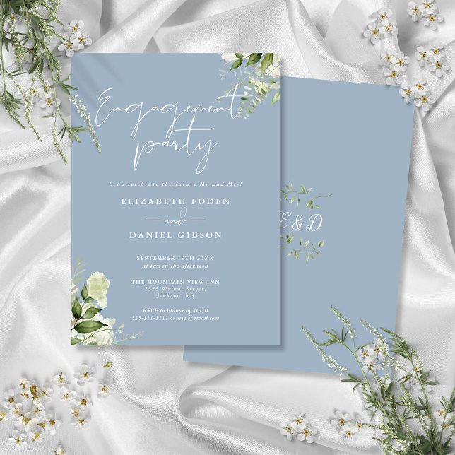 Convites Festa de Noivado Floral Pó Azul Script (Floral Dusty Blue Script Engagement Party Invitation)