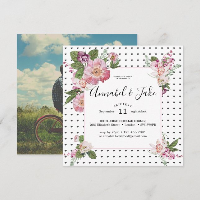Convites Festa de Noivado Floral Retro (Frente/Verso)