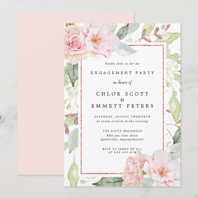 Convites Festa de noivado Floral Rosa Cor-de-Rosa Esbranqui (Frente/Verso)