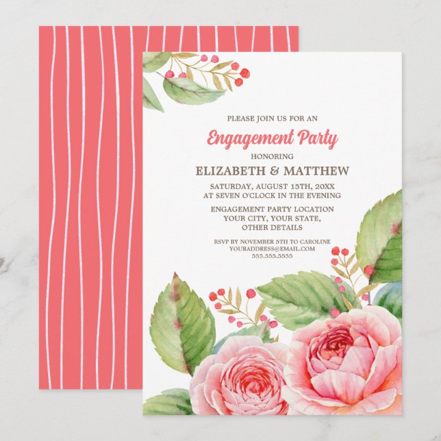 Convites Festa de noivado Floral Rosa Coral (Frente/Verso)