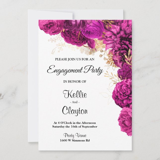 Convites Festa de noivado Floral Rosa E Dourada (Frente)