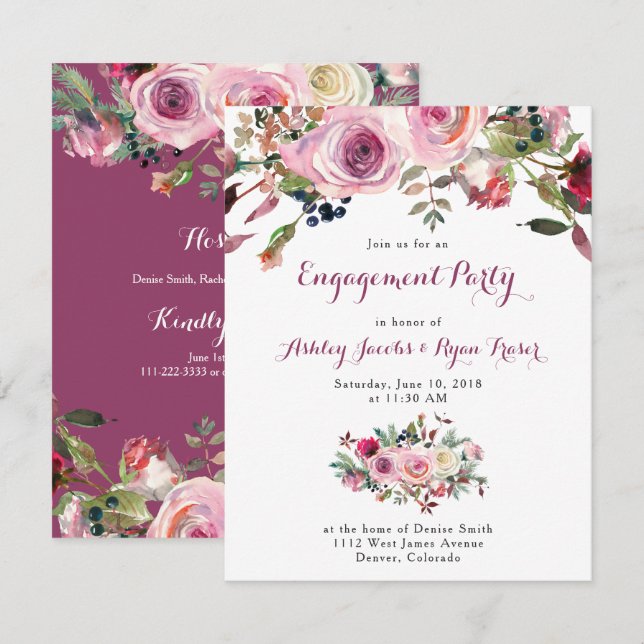 Convites Festa de noivado Floral Rosa Rosa Púrpura (Frente/Verso)
