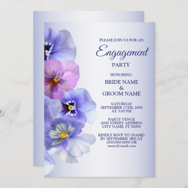 Convites Festa de noivado Floral Roxa Lilac Pansy (Frente/Verso)