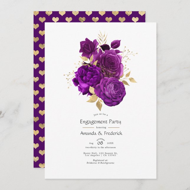 Convites Festa de noivado floral roxo e dourado (Frente/Verso)