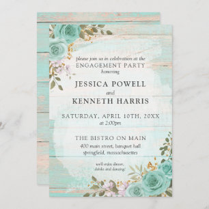 Convites Festa de noivado Floral Russo Turquesa de Madeira