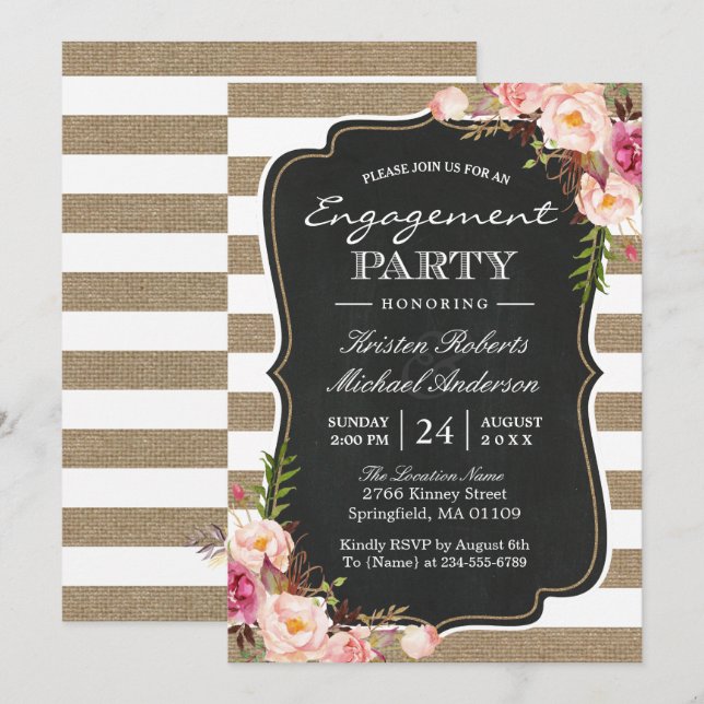 Convites Festa de noivado Floral Rustic Burlap Stripes (Frente/Verso)