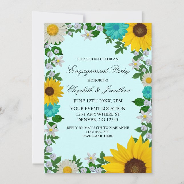 Convites Festa de noivado Floral Rustic Sunflower Daisy (Frente)