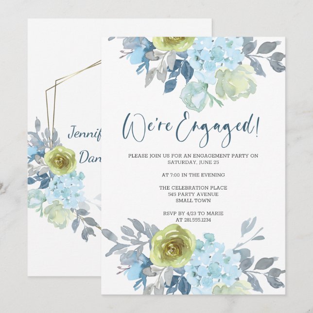 Convites Festa de noivado Floral Verde Amarelo-Claro (Frente/Verso)