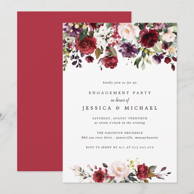 Convites Festa de noivado Floral Vermelho Russo (Frente/Verso)