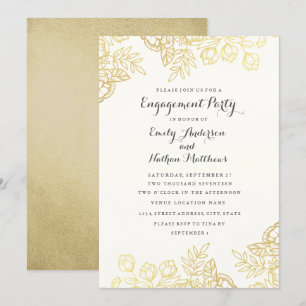 Convites Festa de Noivado Floral Vintage Dourado Elegante
