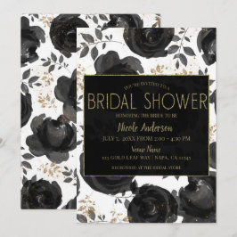 Convites Festa de Noivado Folhas Glam Floral Ouro Negro