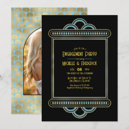Convites Festa de Noivado Gatsby Art Déco Azul e Dourado Fo