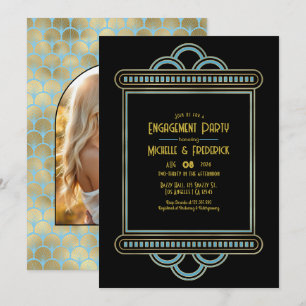 Convites Festa de Noivado Gatsby Art Déco Azul e Dourado Fo