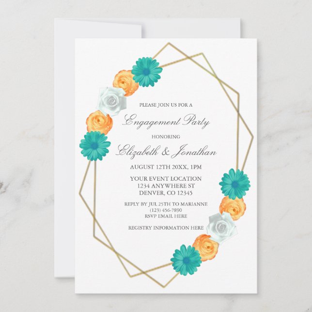 Convites Festa de noivado Geométrica do Teal Laranja (Frente)