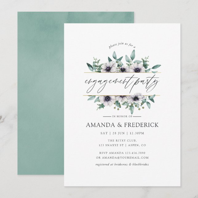 Convites Festa de noivado Geométrica Eucalyptus Anemone (Frente/Verso)