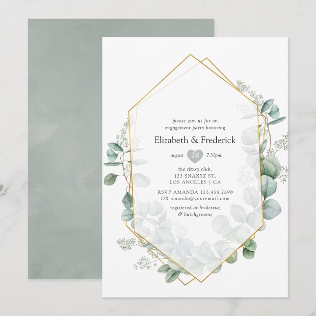 Convites Festa de noivado Geométrica Eucalyptus Silver Sage (Frente/Verso)