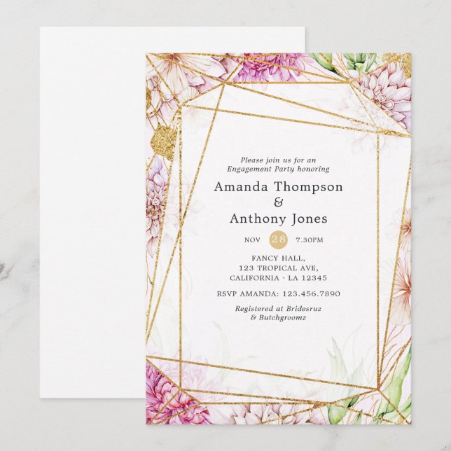 Convites Festa de noivado geométrica plana e Dourada (Frente/Verso)