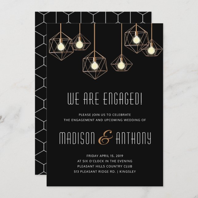 Convites Festa de noivado geométrica preta moderna das (Frente/Verso)