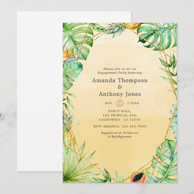 Convites Festa de noivado Geométrica Tropical Exótica (Frente/Verso)
