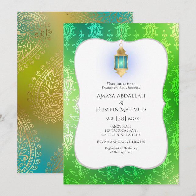 Convites Festa de noivado Gold Foil Arabe Bollywood (Frente/Verso)